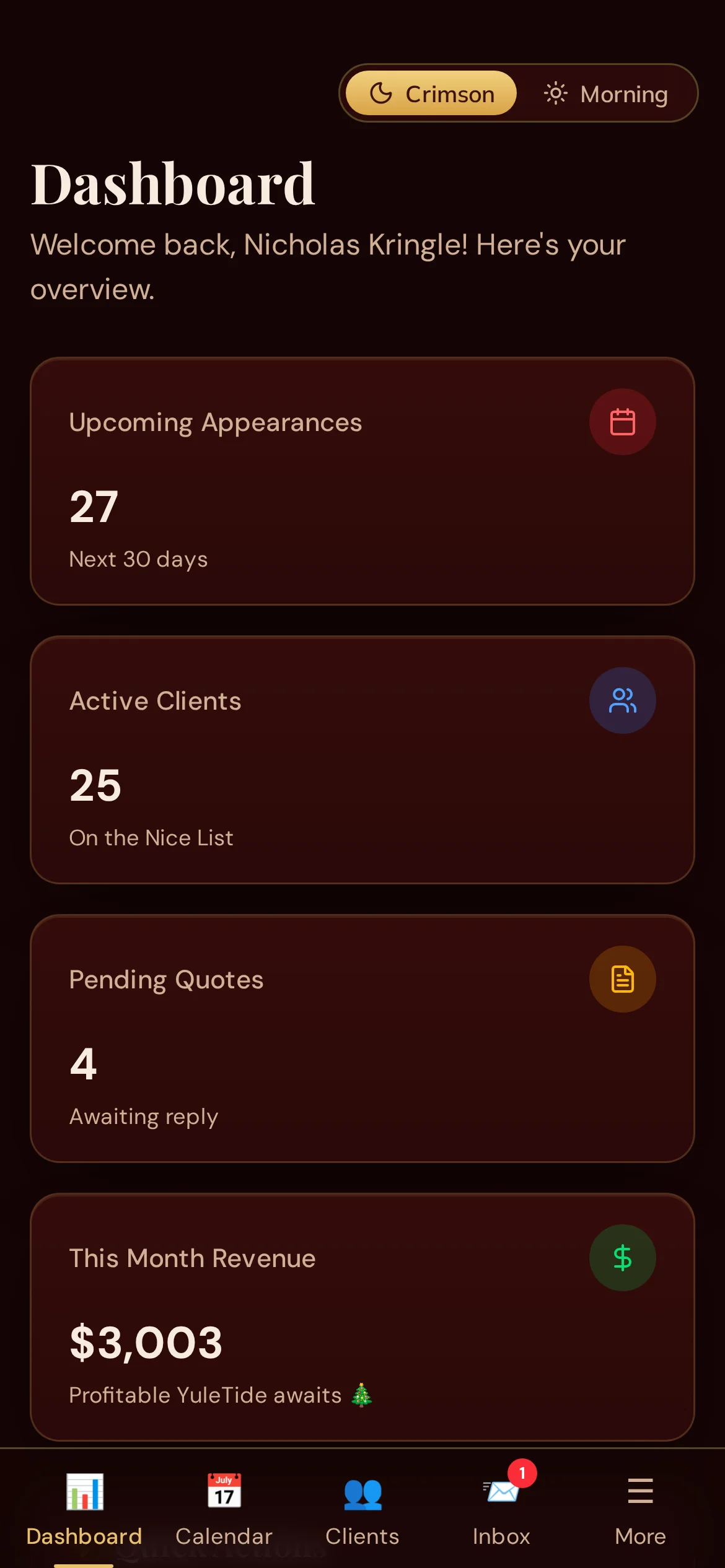 SantaBook dashboard on a phone, showing the day's appearances